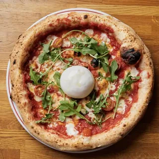 La Burrata e basta vue du dessus : burrata, pomodorini et roquette